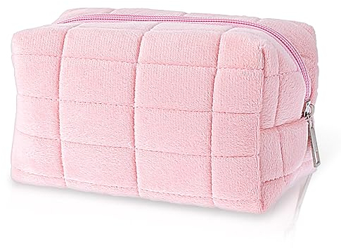 Molain Sac à cosmétiques, sac à cosmétiques à carreaux mignon, sac cosmétique de voyage, simple et portable, grande capacité, trousse de toilette pour femme, rose