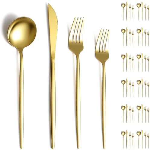 Evanda Gold Cutlery Set 48 Piece Service for 12, Titanium Gold Plated Stainless Steel Flatware Set, Knives Forks Spoons Cutlery Set for Wedding, Parties, Birthday, Restauroom, Dishwasher Safe