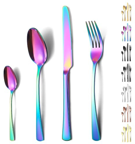 Funnydin 24 Stück Besteck Set 6 Personen, Premium-Edelstahl Besteck Set mit Gabel, Messer, Löffel, Spülmaschinenfest, Einzigartig und Elegant in Regenbogen-Look