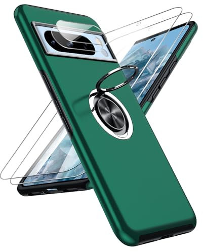 LeYi for Google Pixel 8 Pro Case: and 2 Tempered Glass Screen Protector &2 Camera Lens Protector, with 360 Ring Holder Stand Phone Cover for Pixel8 Pro Green
