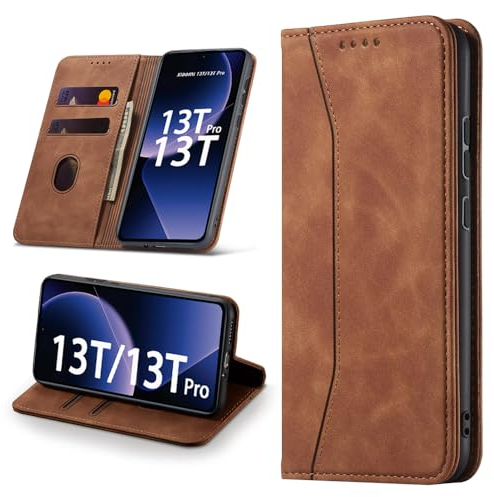 Leaisan Handyhülle für für Xiaomi 13T Hülle, für Xiaomi 13T Pro Hülle Premium Leder Flip Klappbare Magnetische [Standfunktion] [Kartenfächern] Schutzhülle Xaiomi 13T/13T Pro Tasche - Braun