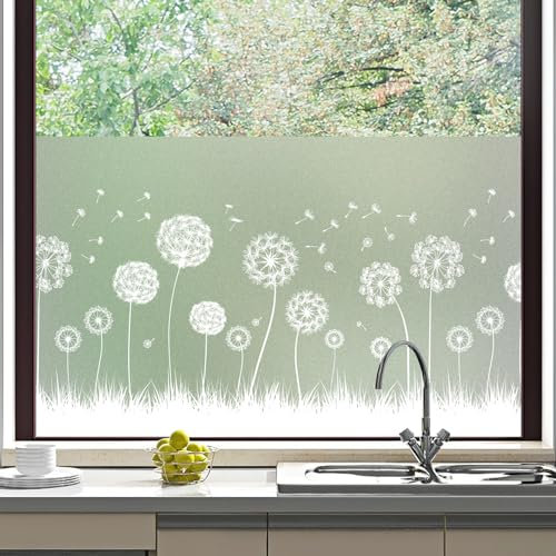 dktie Fensterfolie Blickdicht Sichtschutzfolie Fenster Milchglasfolie Vergrößertes Löwenzahn Muster Statisch Haftend Anti-UV Kein Kleber Wiederverwendbar Geeignet für Schlafzimmer 90 x 200 cm