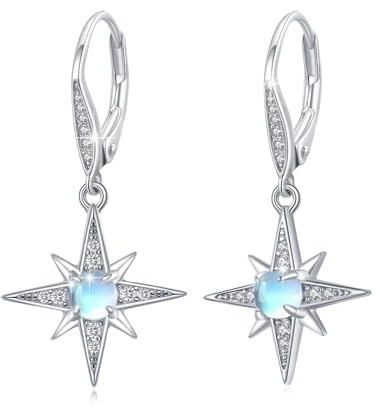 REDSUN Mondstein Ohrringe 925 Sterling Silber Stern Tropfen Ohrringe Achtzackiger Stern Hänge Ohrringe zirkonia Schmuck für Mädchen Mutter Damen Geschenk zum Valentinstag