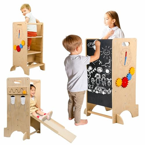 Torre de Aprendizaje Montessori - Torre Aprendizaje Montessori - Torre Montessori de Madera-Torre multifuncional con Juegos Sensoriales Infantiles-Learning Tower-Taburete Infantil Multiusos para Niños