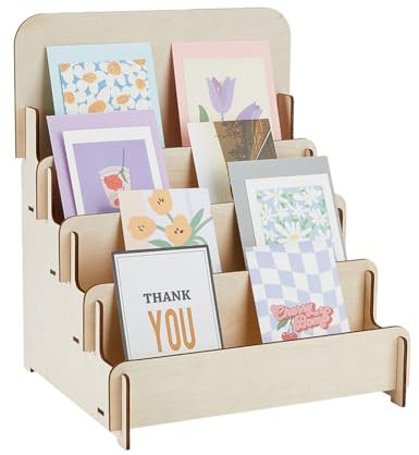 SUPERFINDINGS Présentoir de Cartes de Vœux en Bois à 4 niveau Présentoir D'Autocollants Organisateur de Cartes Postales Présentoirs de Vente au Détail Support de Brochures Polyvalent 26.5x28cm