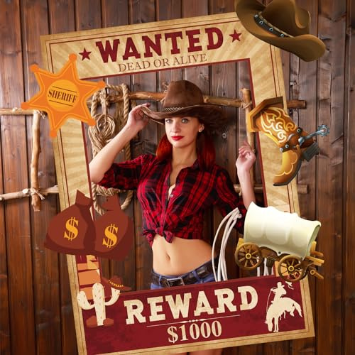 SKIRUP Wilder Westen Western Photo Booth Requisiten Set mit Hintergrund, Selfie-Rahmen und Dekorationen für Cowboy-Partys und Fotoshootings in Kaki