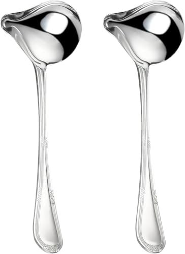 2 Stück Soßenlöffel aus Edelstahl, 20.6 cm Suppenkelle Edelstahl, Klein Saucenkelle mit Ausgießer, Saucenlöffel Spülmaschinenfest, Soßenlöffel für Suppensoßen Bratensoßen Dressings(Silber)