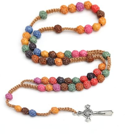 VYIBPDY Rosenfarbene rosenkranz katholisch,rosenkranz kette für katholische Christen, religiöse Kommunion, Taufe, Messe (53,5 cm)