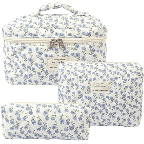 GoaePode Reise Kosmetiktasche Set Damen, 3 Stück Verschiedene Größen Blumen Aesthetic Make up Bag aus Baumwolle, Gesteppte Kulturtasche Beauty Case Schminktasche Travel Essentials, Blue Peacock