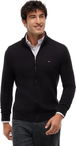 Tommy Hilfiger Herren Pullover mit Reißverschluss Essential Cotton Zip Thru Stehkragen, Schwarz (Black), L