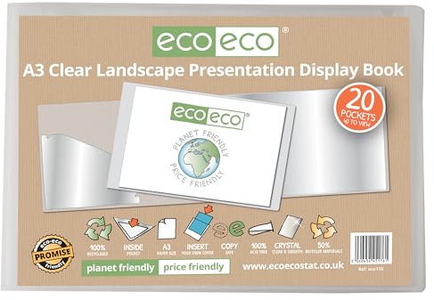 eco-eco Eco176 Porte-vues A3 50% recyclé avec 20 pochettes en plastique Transparent Format paysage