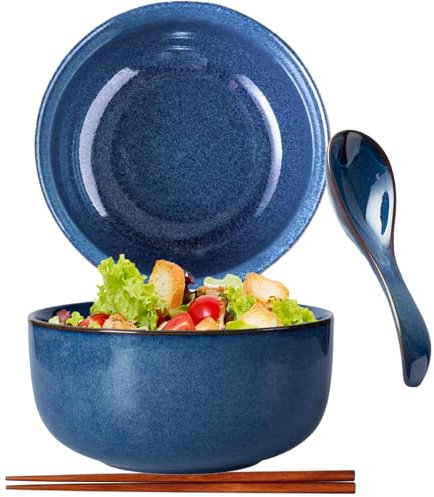 Ramen Bowl Set,Ramen Bowl Set di ciotole giapponesi in ceramica, Ramen Bowl con cucchiaio, bacchette, ciotola per rame, ciotole in porcellana, insalata (stile D)