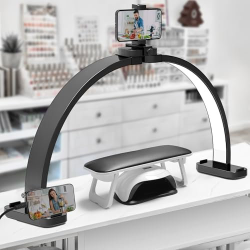 CGBE Desktop Halbmondlampe für Nägel mit Handyhalter: 30 Zoll - 45 W - 3000-6500K Dimmbar Mit 3 Farbmodi - Faltbare Tischlampe für Kosmetiker Nageltechniker - Wimpernverlängerung Tattoo Maniküre