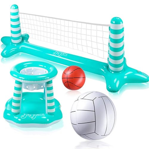 Ensemble de Volleyball de Piscine Gonflable, 114x28x35 Pool Volleyball Net & 27x23 Basketball Hoop, PVC Jeux d'été flottants pour Les Enfants et Les Adultes, Jouets
