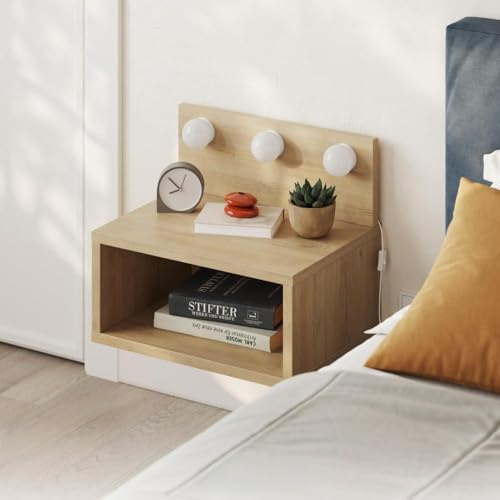 HOCUS PICUS Treo Wall Mounted Nightstand 40×39×30 cm | Floating Bedside Shelf with 3 Built-in Lamp Sockets | Modern Minimalist Wall Nightstand | One Open Compartment | Easy Mount | 5.3 kg (Oak)