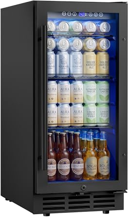 ICEVIVAL Built-in Beverage Cooler, 15 Inch, 132 Cans Capacity, Non-Integrated Beverage Fridge with Tempered Glass Door and Blue LED Indicator, Adjustable Frame for Use