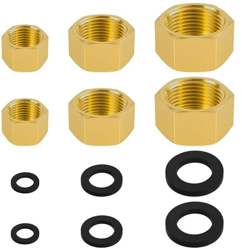6 PCS Brass Pipe Caps with Rubber Gaskets - Hex Compression End Caps for Gas & Water Lines, Brass Nut Gas line Water line Stop Valve Cap Pipes Plug Plumbing Fit for 1/4 3/4 3/8 Inch Pipe Connection
