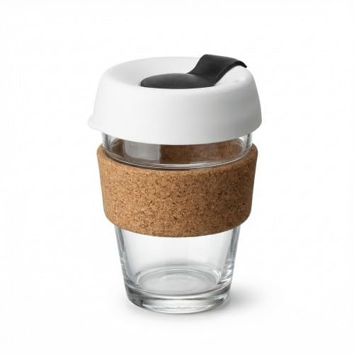 Zimoer 340ML Reusable Tempered Glass Coffee Cup with Lid, Heat Resistant Travel Coffee Mug with Cork Sleeve, Glass Mug with Leakproof Lid, for Unisex Eco-Friendly Travel Home Office (White)