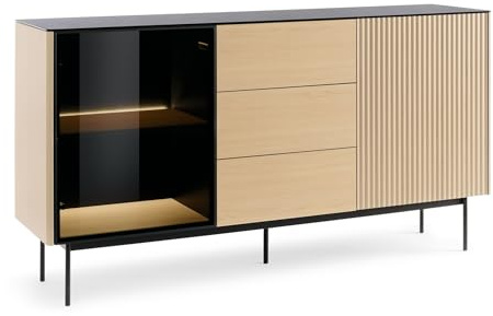 Masseno Kommode Velluto 157 cm Sideboard mit 3 Schubladen und 2 Türen für Wohnzimmer Schlafzimmer Modern 157x39x84 cm Eichefarben/Naturfarben