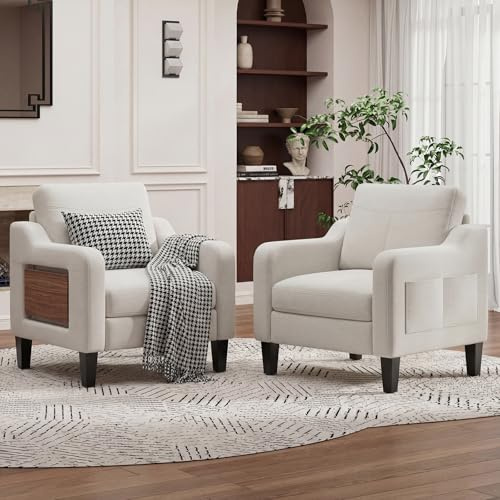 MALOL Sessel Wohnzimmer 2er Set, Ohrensessel Wohnzimmer mit Ausklappbarer Holzseitentisch, Polstersessel mit Armlehnen Einzelsofa, Relaxsessel，Lesesessel für Wohnzimmer Büro Schlafzimmer, Beige