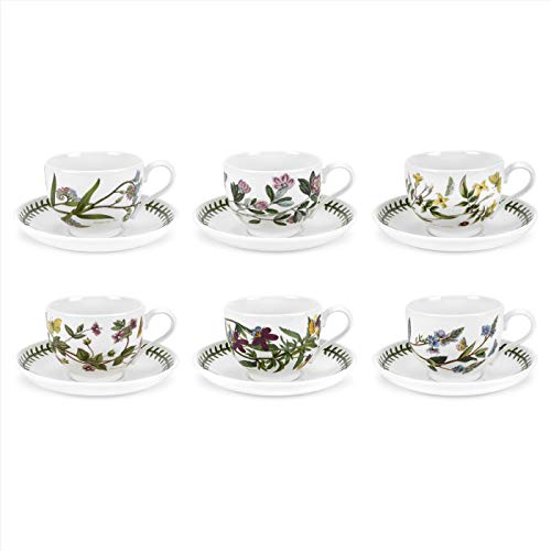 Portmeirion Botanic Garden Traditionelle Form Frühstückstasse und Untertasse, Set mit 6 verschiedenen Motiven