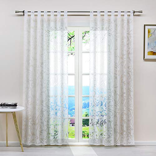 ESLIR Gardinen mit Schlaufen Vorhänge Ausbrenner Fensterschal Transparent Schlaufenschal mit Ranken Muster Weiß BxH BxH 140x245cm 1 Stück