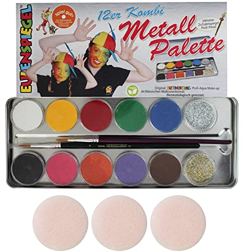 EULENSPIEGEL Schminkpalette 10 Farben 2x Glitzer 2x Pinsel Metalletui