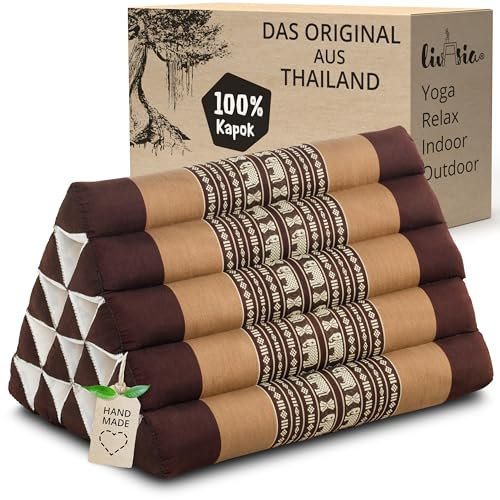 livasia Rückenstützkissen extrahoch - 38x55x35cm - Dreieckskissen für Garten und Balkon, Keilkissen mit Kapok, Lagerungskissen für Beine, handgefertigt, Meditationskissen (Braun/Elefanten)