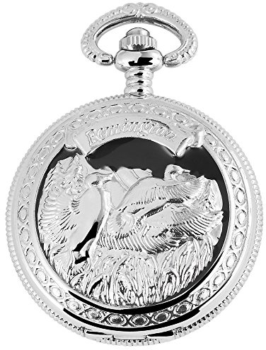 Fame Analog Taschenuhr mit Metall Kette und Hakenverschluss Vogel 480822000093 Silberfarbiges Gehäuse im Maße 47mm x 15mm mit Ziffernblattfarbe Weiß und Mineralglas