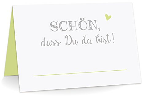 KuschelICH Premium Tischkarten Schön, DASS Du da bist! mit Herz Platzkarten zum selbst Beschriften (Hellgrün, 25)