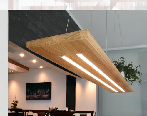 FRIESENLICHT Hängelampe Edles Design Pendelleuchte Holz Eiche Hängeleuchte Leuchte Esstisch Eiche Massiv Dimmbar (120cm/2 LED-Leisten unten)