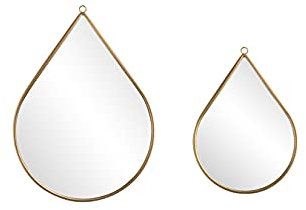 LIFA LIVING 2er Set Vintage Wandspiegel aus Gold Metall, Glas und Holz, Runder Dekospiegel in Tropfenform für Wohnbereich, Spiegelset Bad & Flur, 2 Größen