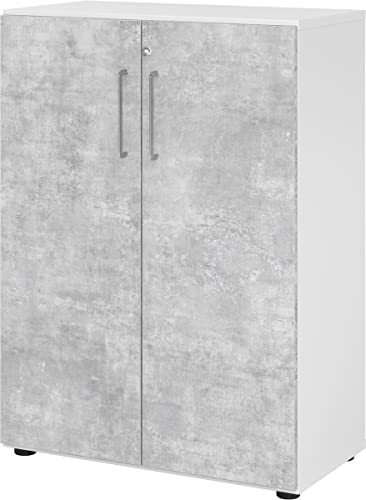 bümö Aktenschrank abschließbar, Büroschrank Holz 80cm breit in Weiß/Beton - abschließbarer Schrank mit Aktenregal für's Büro & Arbeitszimmer, Büro Möbel Ordnerschrank mit Schloss