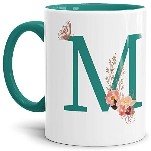Tassendruck Buchstaben-Tasse mit Blumen - Buchstabe M - Innen & Henkel Türkis - Mug/Cup/Becher/Edel/Geschenk-Idee/Beste Qualität - 25 Jahre Erfahrung