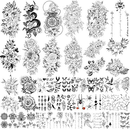 Yazhiji Tatuaggi finti impermeabili di grandi dimensioni da 49 fogli per la raccolta di fiori tatuaggi temporanei impermeabili per donne e ragazze.
