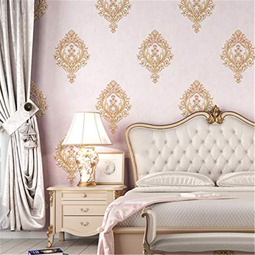 10M 3D Vintage Elegant Gold Damask Wallpaper Embossed Textured Non-woven Roll (Pink)