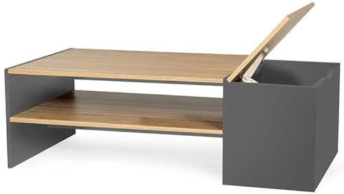IDMarket - Table Basse Bar contemporaine rectangulaire IZIA avec Coffre Gris et Plateaux Bois