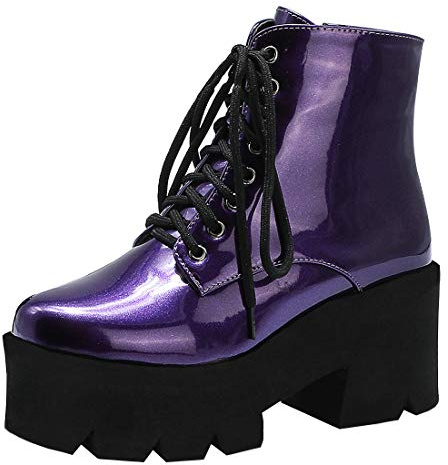 Etebella Damen Plateau Gothic Schnürstiefeletten Blockabsatz High Heels Biker Boots Punk Gefüttert Schuhe