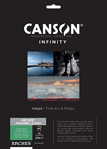CANSON Infinity Arches Aquarelle Rag Textured 310gsm A4 Sheets, Digital Fine Art Reproduction, 10 Pure White Sheets, Ideal for Professional Photographers
