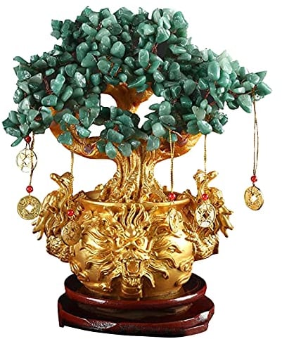 Feng Shui Árbol de cobre chino del dinero ornamento verde aventurina árbol de cristal en bolsa de dinero Lucky Bonsai atraer amigos y reducir la ansiedad regalo espiritual W4658-verde pequeño