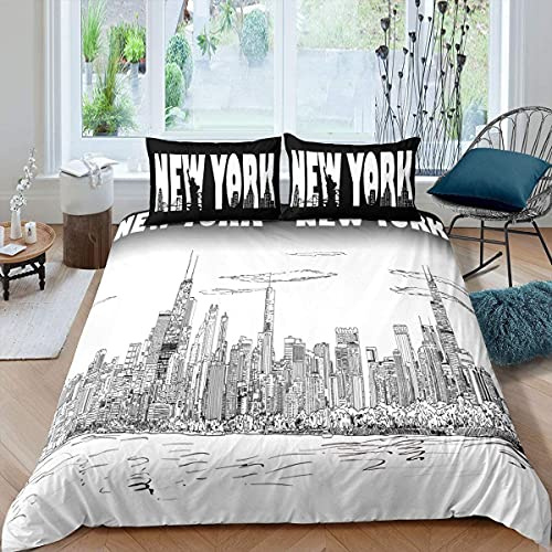 Homemissing Jungen Modern Stadt Gebäude Bettwäsche Set 155x220cm New York Thema Bettbezug Set für Kinder Jugendliche Herren Amerika Stadtbild Betten Set Schwarz Weiß Stadt Szene Schlafzimmer Dekor