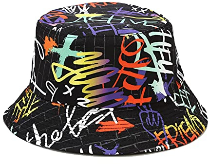 Quanhaigou Wendbarer bedruckter Bucket Sonnenhut, verstaubar, doppelseitig, Fischerhut, Outdoor-Mütze, Sommer-Strandhüte, viele Muster, Graffiti, Einheitsgröße