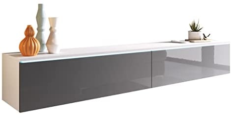 Mirjan24 TV Lowboard Stone, TV Schrank, Fernsehschrank, Grifflose Öffnen, Hängeschrank Hochglanz Matt Wohnwand (Weiß/Grau Hochglanz, Modell: 180 / ohne LED Beleuchtung)
