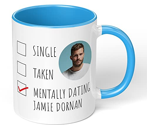 Print Maniacs Mug Gift Christmas Birthday Novelty Celebrity Movies Coffee Tea Present Gift Mentally Dating Jamie Dornan (Blue Fill)
