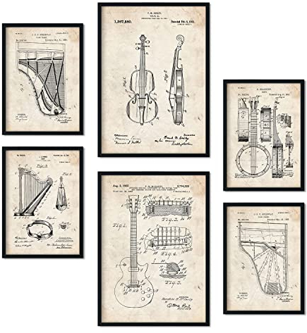 Nacnic Set von 6 Plakaten mit Saiteninstrument Patenten. Plakate mit Retro-Patentabbildungen. Inneneinrichtung im Vintage-Stil. Grösse A4 und A3. Ohne Rahmen.