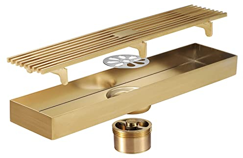 GLYYRLR Bodenablauf 300x68mm Duschablauf Gebürstetes Gold Duschrinne 304 Edelstahl Badezimmer Bodenablauf mit Haarfilter, Ablaufrinne für Balkon, Küche, Badezimmer