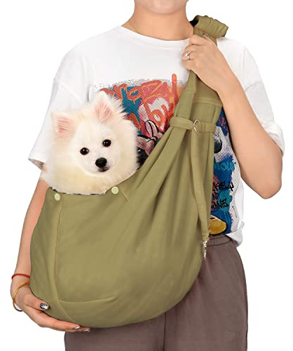 PETLOFT Tragetuch Hund, Reversibel Kleine Hundetrage, Einstellbar Pet Tragetuch, Freisprecheinrichtung Cross-Body Carrier mit Halsband für Hund/Katze/Hase, Khaki