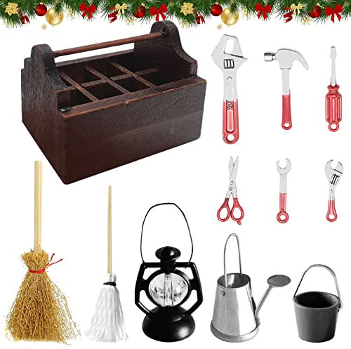 TOPJOWGA Miniatur Werkzeugkasten mit Werkzeug, 12 Stück Miniatur Zubehör, Miniatur Puppenhaus Set, Miniatur Holz Toolbox, Miniatur Garten Deko Öllampe Eimer Kehrbesen Mopp Gießkanne, Mini Ornament