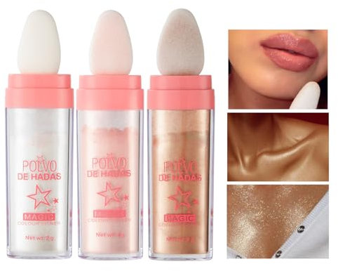 Glitter Body, Polvere Corpo Glitter,Glitter Cosmetici per Corpo, MELLTONG 2PC Shimmer Stick,Glitter Cosmetici per Corpo,Evidenziatore con Punta in Spugna, Viso e Capelli,Bianco+Rosa+Bronzo