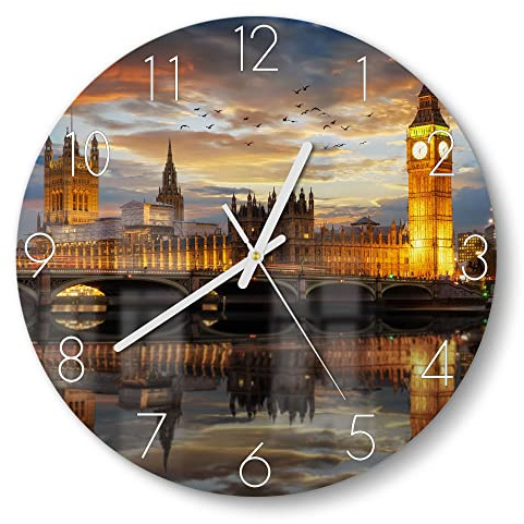 DEQORI Glasuhr | rund Ø 30 cm | Motiv Londoner Abendkulisse | ausgefallene leise Design Uhr aus Glas | Wanduhr für Wohnzimmer & Küche | moderne Hingucker Uhr für die Wand